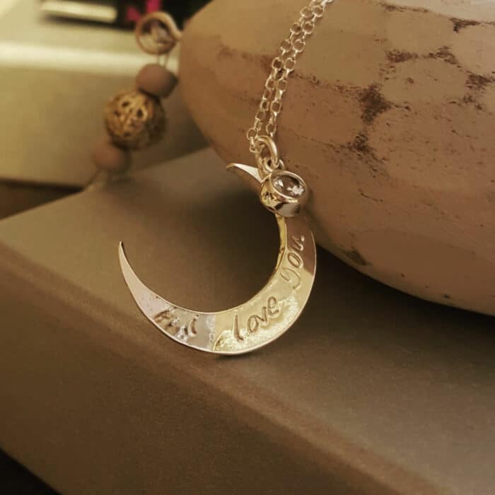 Bespoke 'I Love You to the Moon and Back' Engraved Moon and Aquamarine Gemstone Necklace - Image 2