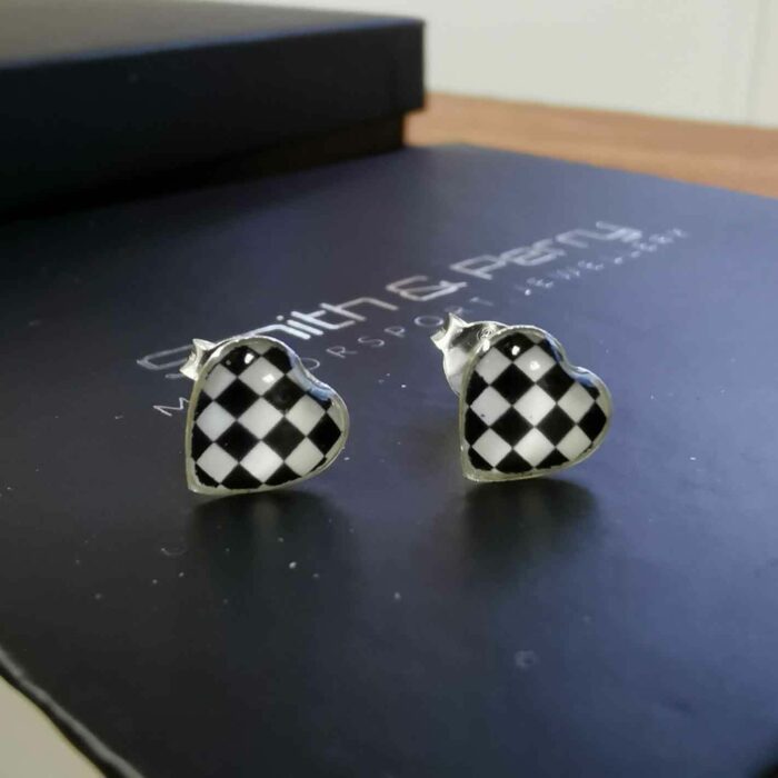 Your free Chequered Heart Studs in Sterling Silver and Resin