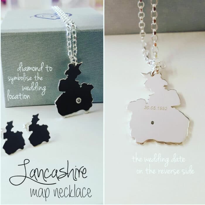 Bespoke Sterling Silver Lancashire Map Studs and Pendant Necklace Set with Diamond and Engraved