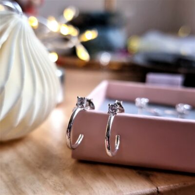 Classic Huggie Hoops with a Sparkle in Sterling Silver
