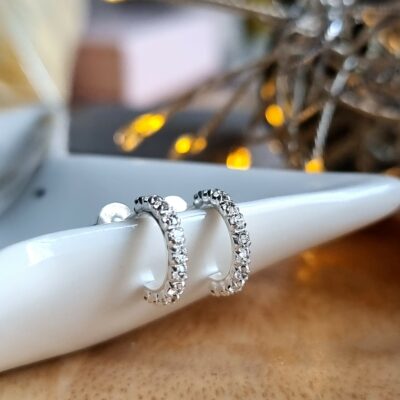Tiny Clear Studded Huggie Hoops in Sterling Silver