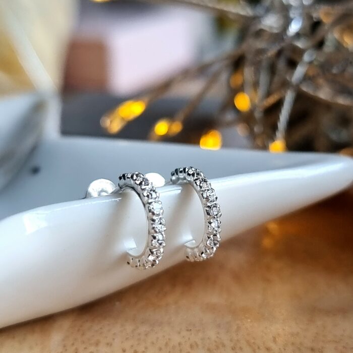 Tiny Clear Studded Huggie Hoops in Sterling Silver
