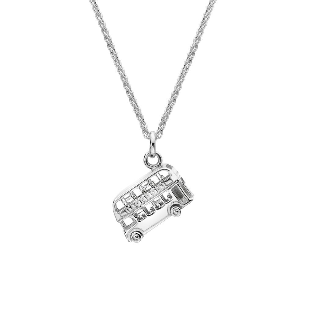 London Bus Necklace with Spinning Wheels in Sterling Silver