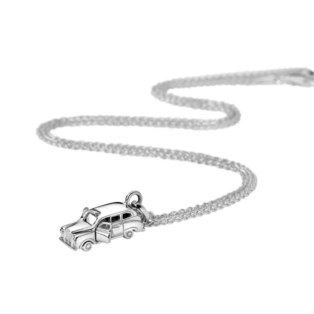 London Taxi Necklace  with Spinning Wheels and Opening Doors in Sterling Silver