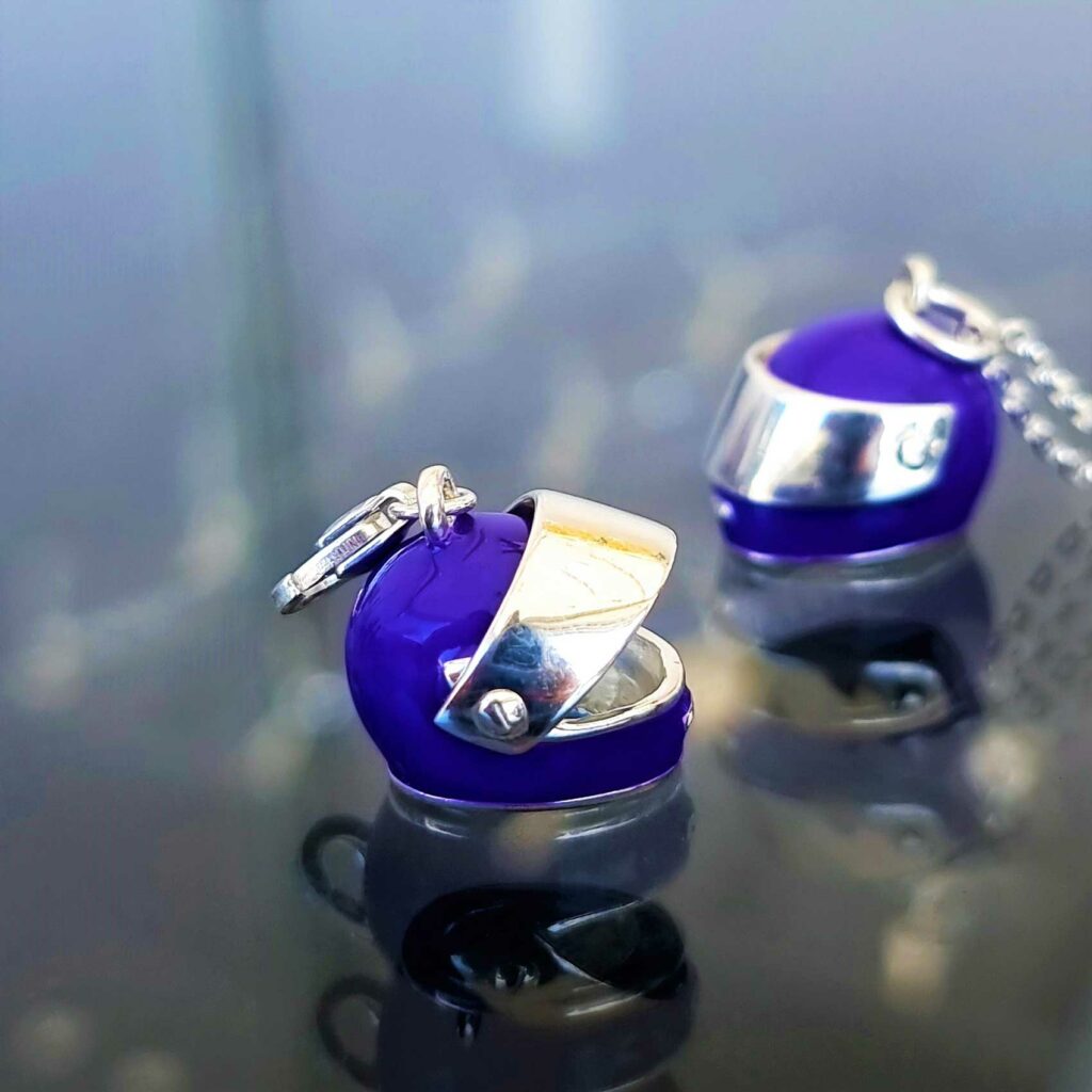 Purple Enamel Moving Helmet Charm in Sterling Silver
