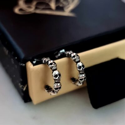 Skull Half Huggie Hoops in Sterling Silver