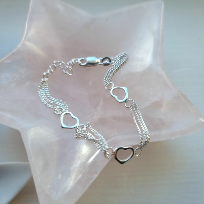 Gorgeous Triple Heart Chain Bracelet in Sterling Silver- 7.5 inch Total Length