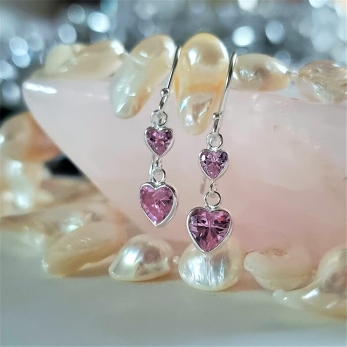 Princess Heart Double Drop Earrings in Sterling Silver