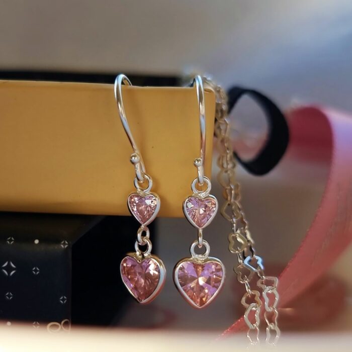 Princess Heart Double Drop Earrings in Sterling Silver - Image 4