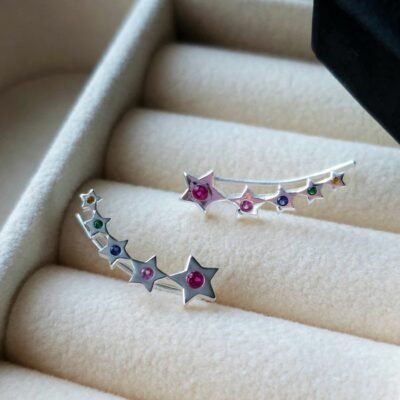 Rainbow Star Statement Ear Climbers in Sterling Silver