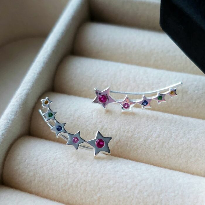 Rainbow Star Statement Ear Climbers in Sterling Silver