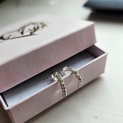 Tiny Rainbow Stone Half Huggie Hoops