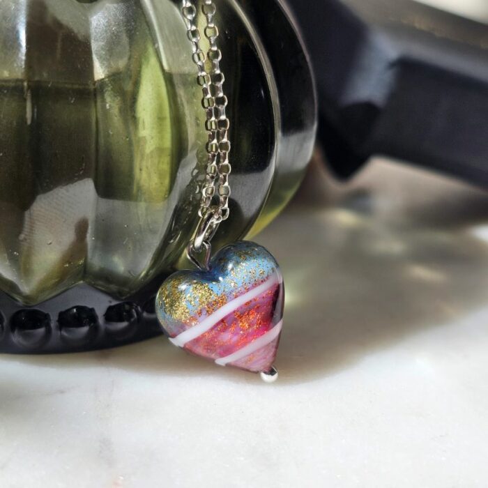 Union Jack Inspired Murano Glass Heart Necklace in Sterling Silver