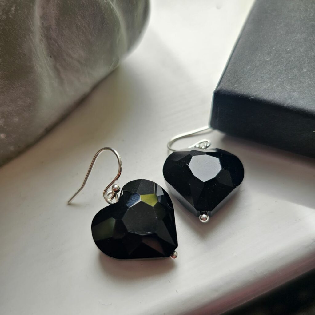 Midnight Black Crystal Heart Drop Earrings in Sterling Silver