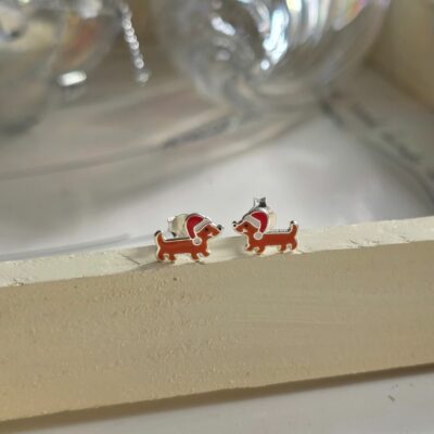 Festive Enamel Dachshund Studs in Sterling Silver