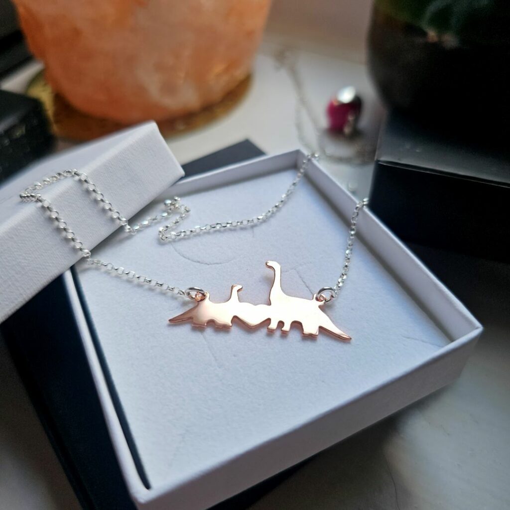 Mummy and Baby Dinosaur Copper Necklace - 18 Inch Sterling Silver Open Link Chain