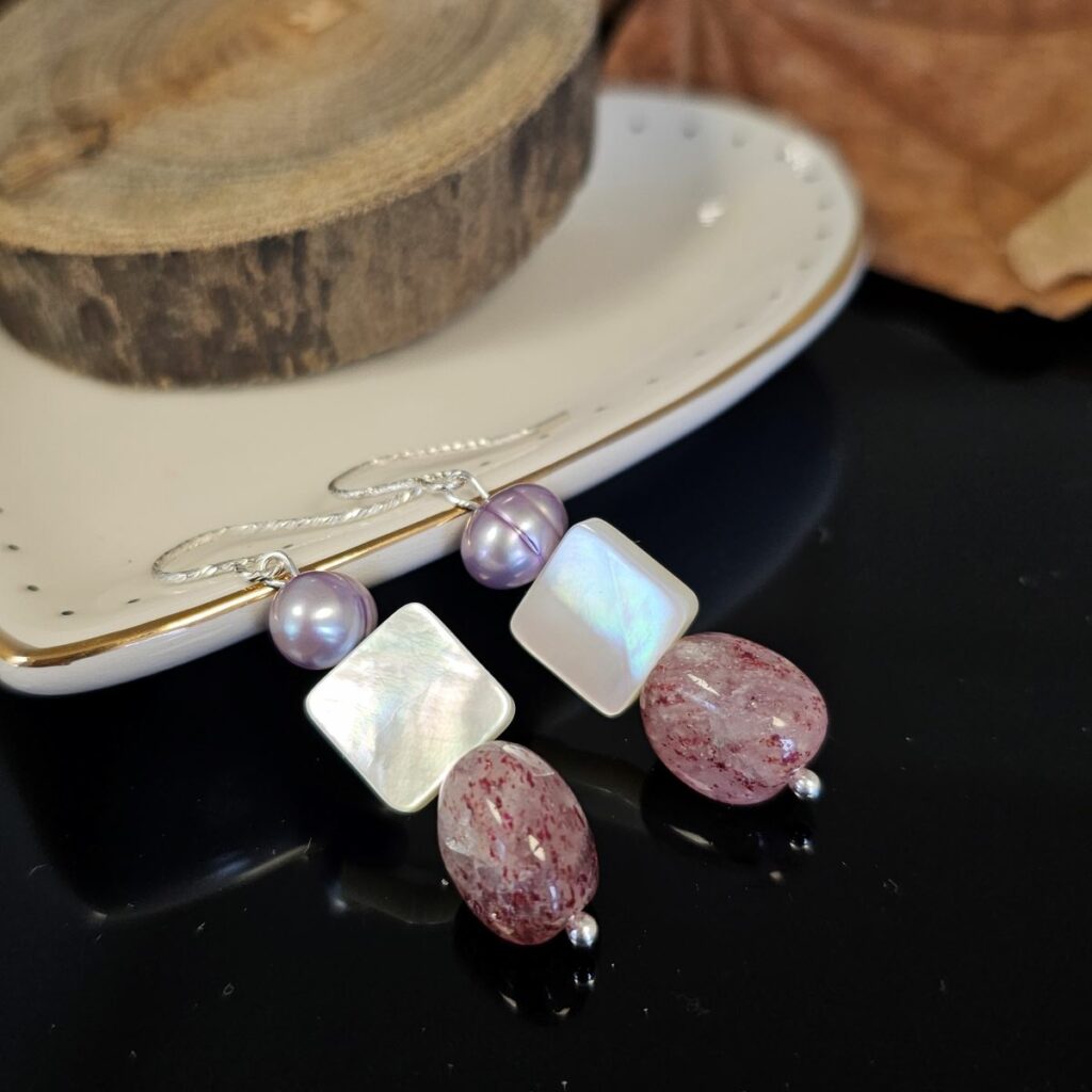 Sterling Silver and Mother of Pearl Square Drop Earrings With Strawberry Quartz Gemstones