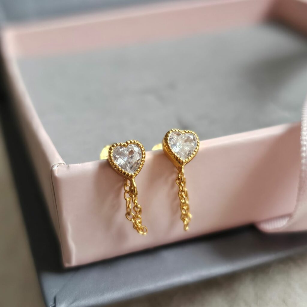 Golden Princess Heart Chain Connector Studs