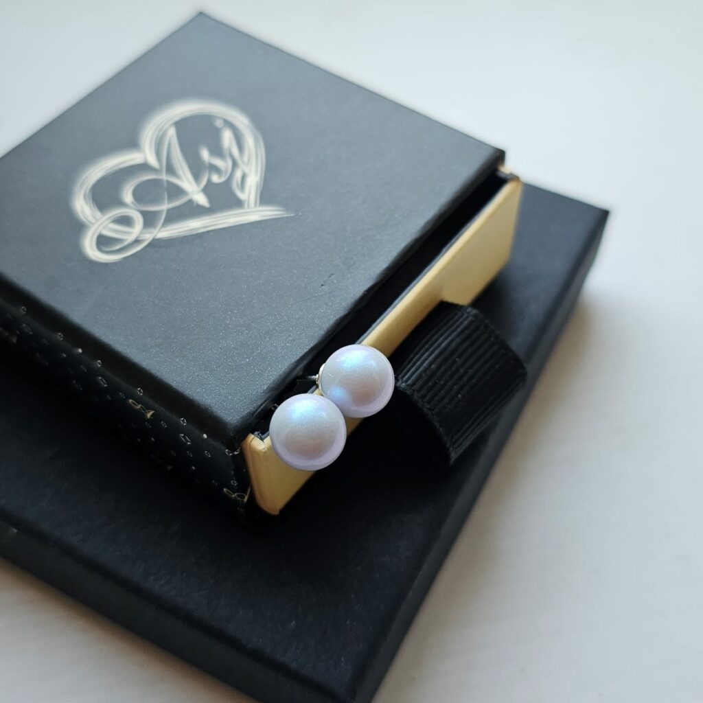 Iridescent Lilac Glass Pearl Studs in Sterling Silver- 8mm