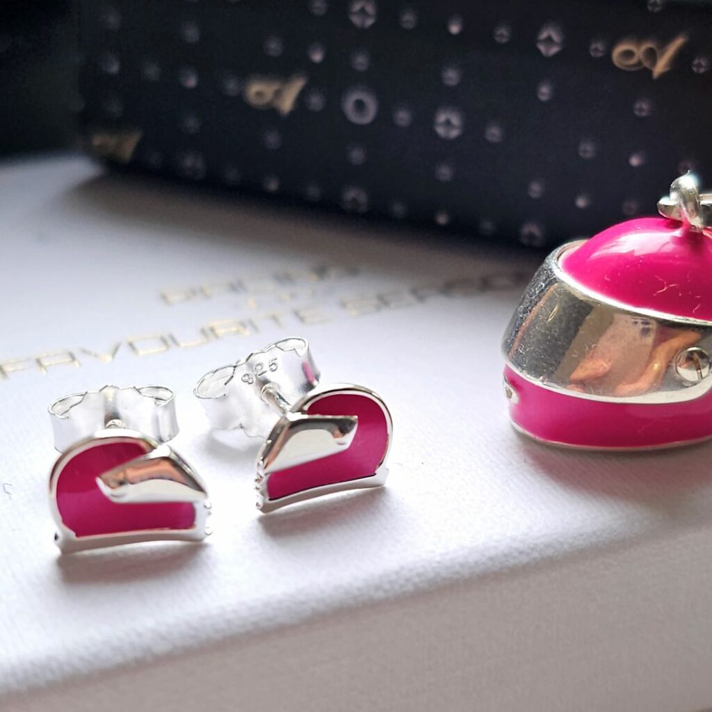 Pink Enamel Helmet Studs in Sterling Silver