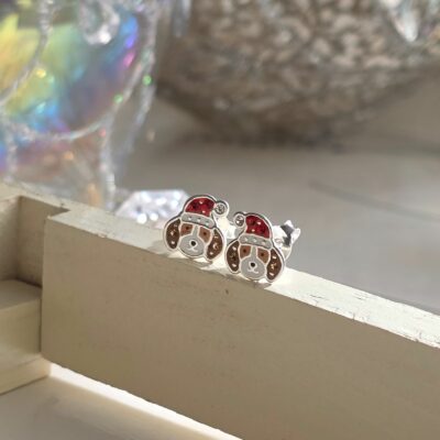 Santa Paws Enamel Christmas Dog Studs in Sterling Silver