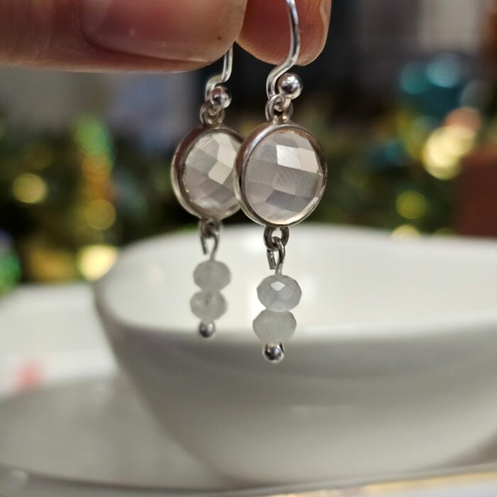 Beautiful Faceted Rose Quartz Drop Earrings with Moonstone Droppers in Sterling Silver - Image 2