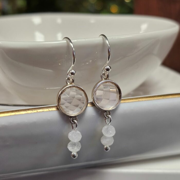 Beautiful Faceted Rose Quartz Drop Earrings with Moonstone Droppers in Sterling Silver