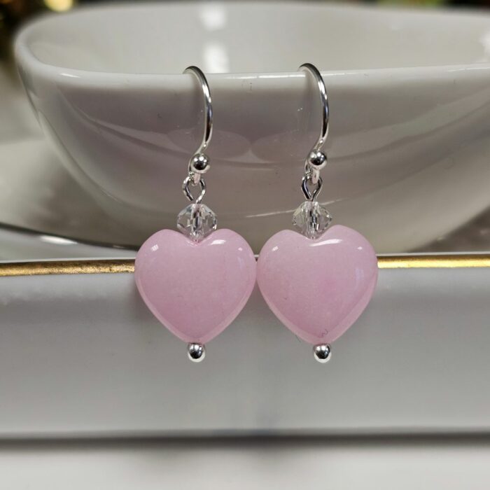 Bubble Gum Pink Jade And Swarovski Crystal Drop Earrings in Sterling Silver