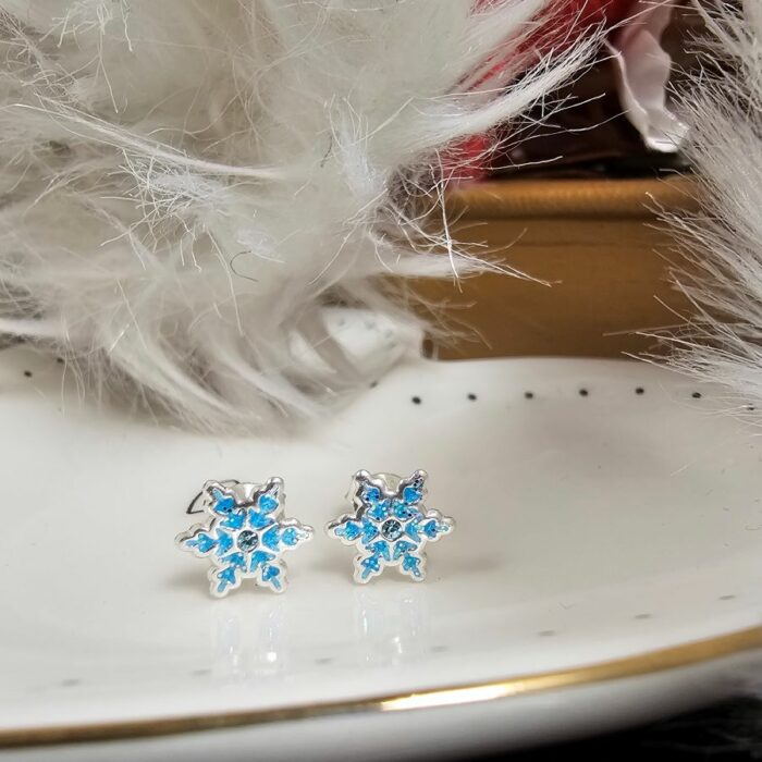 Blue Enamel Snowflake Studs in Sterling Silver with Sparkling Stone