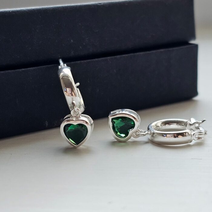 Emerald City Heart Hinged Huggie Hoop Earrings in Sterling Silver - Image 2