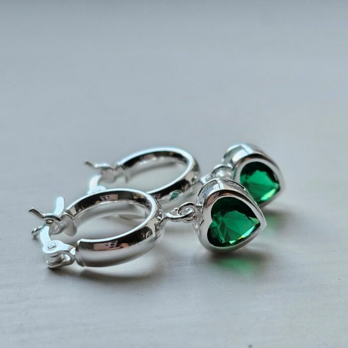 Emerald City Heart Hinged Huggie Hoop Earrings in Sterling Silver