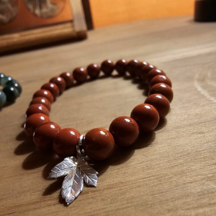 Red Jasper Gemstone Bracelet with Maple Leaf