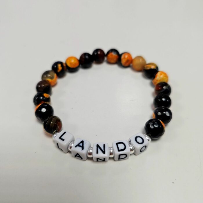 Lando Mclaren Inspired Black and Orange Fire Agate and Sterling Silver Stretchy Bracelet