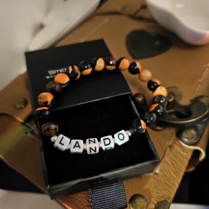 Lando Mclaren Inspired Black and Orange Fire Agate and Sterling Silver Stretchy Bracelet - Image 3