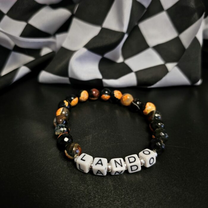 Lando Mclaren Inspired Black and Orange Fire Agate and Sterling Silver Stretchy Bracelet - Image 2