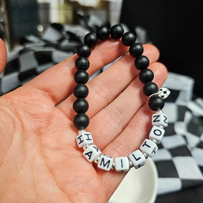 Lewis Hamilton Matt Black Jasper Chequered Heart Sterling Silver Stretchy Bracelet - Limited Edition - Image 3