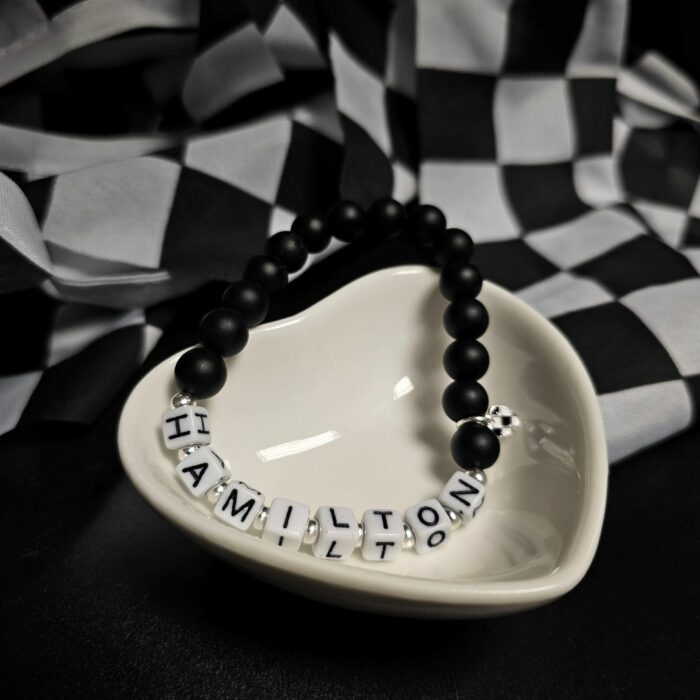 Lewis Hamilton Matt Black Jasper Chequered Heart Sterling Silver Stretchy Bracelet - Limited Edition