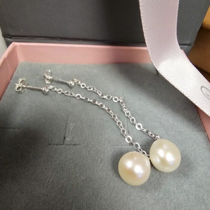 Long Cream Pearly Fresh Water Pearl Drop Studs Earrings in Sterling Silver