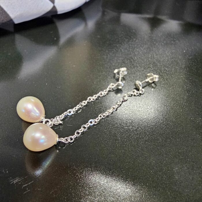 Long Cream Pearly Fresh Water Pearl Drop Studs Earrings in Sterling Silver - Image 3