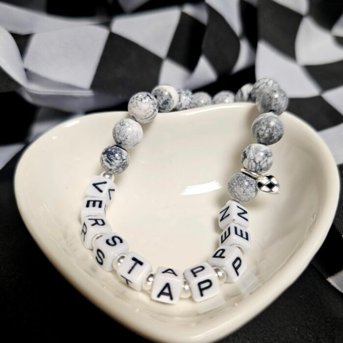 Max Verstappen Marbled Agate Chequered Heart Sterling Silver Stretchy Bracelet - Limited Edition