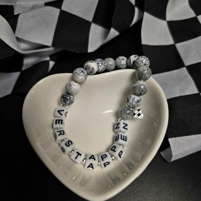 Max Verstappen Marbled Agate Chequered Heart Sterling Silver Stretchy Bracelet - Limited Edition - Image 3