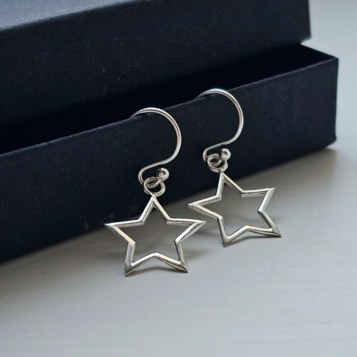 Open Star Plain Drop Earrings in Sterling Silver