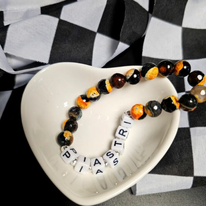 Piastri Mclaren Inspired Black and Orange Fire Agate and Sterling Silver Stretchy Bracelet - Image 3