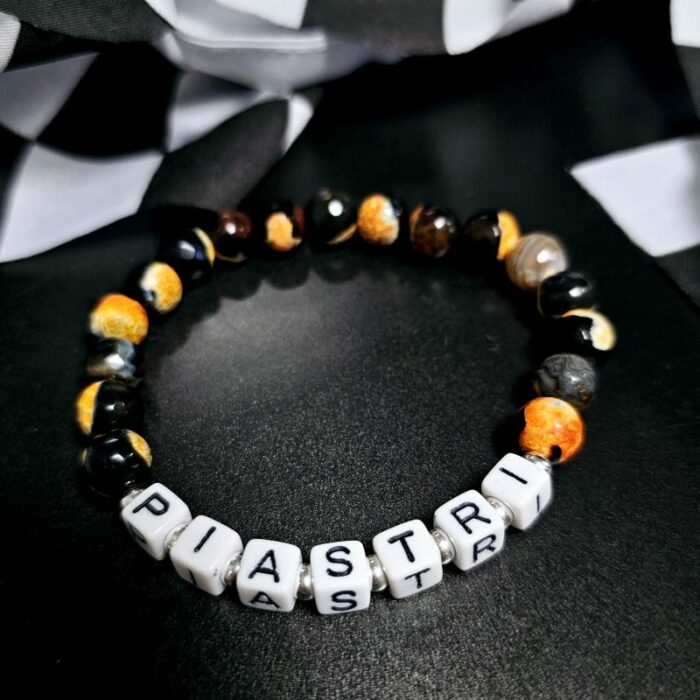 Piastri Mclaren Inspired Black and Orange Fire Agate and Sterling Silver Stretchy Bracelet