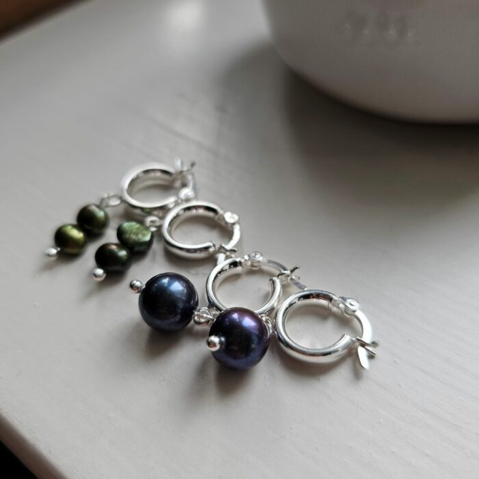 Sterling Silver Hinged Huggie Hoops with Olive Green Irregular Shaped Fresh Water Pearls - Image 2