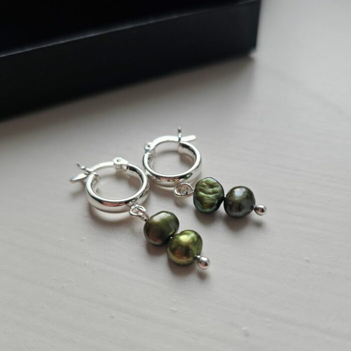 Sterling Silver Hinged Huggie Hoops with Olive Green Irregular Shaped Fresh Water Pearls - Image 3