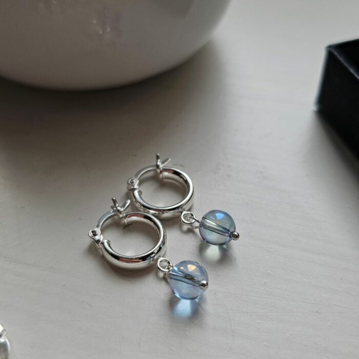 Sterling Silver Huggie Hoop Earrings with Aqua Aura Blue Rainbow Tint Quartz Beads