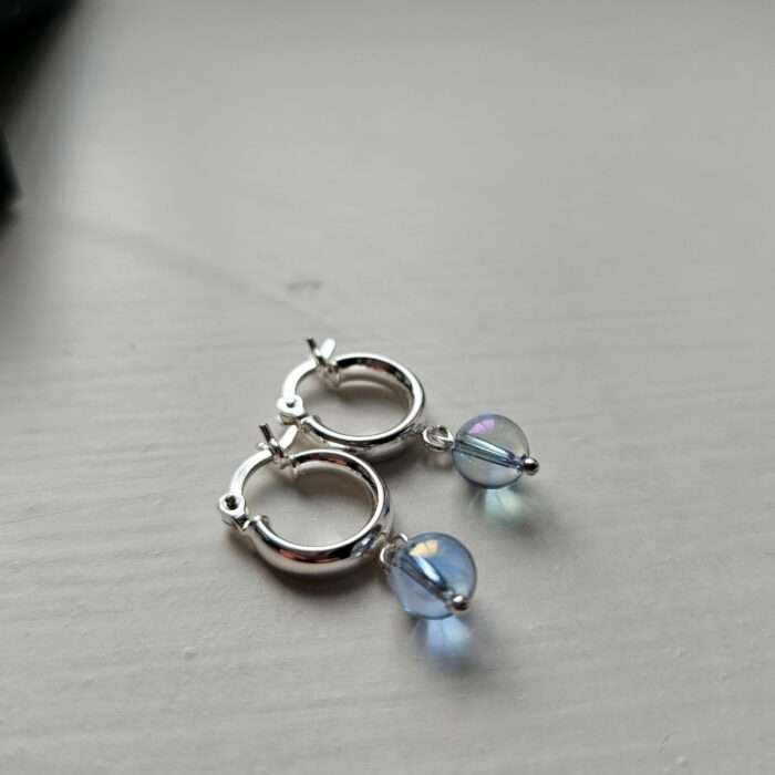 Sterling Silver Huggie Hoop Earrings with Aqua Aura Blue Rainbow Tint Quartz Beads - Image 2