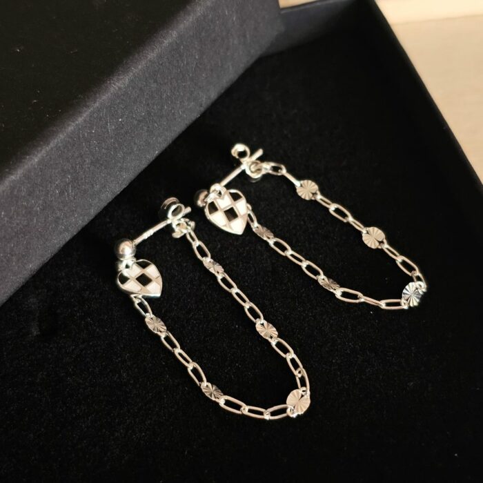 Chequered Heart Starburst Silver Chain Drop Earrings