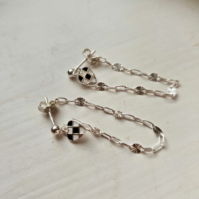 Chequered Heart Starburst Silver Chain Drop Earrings - Image 2